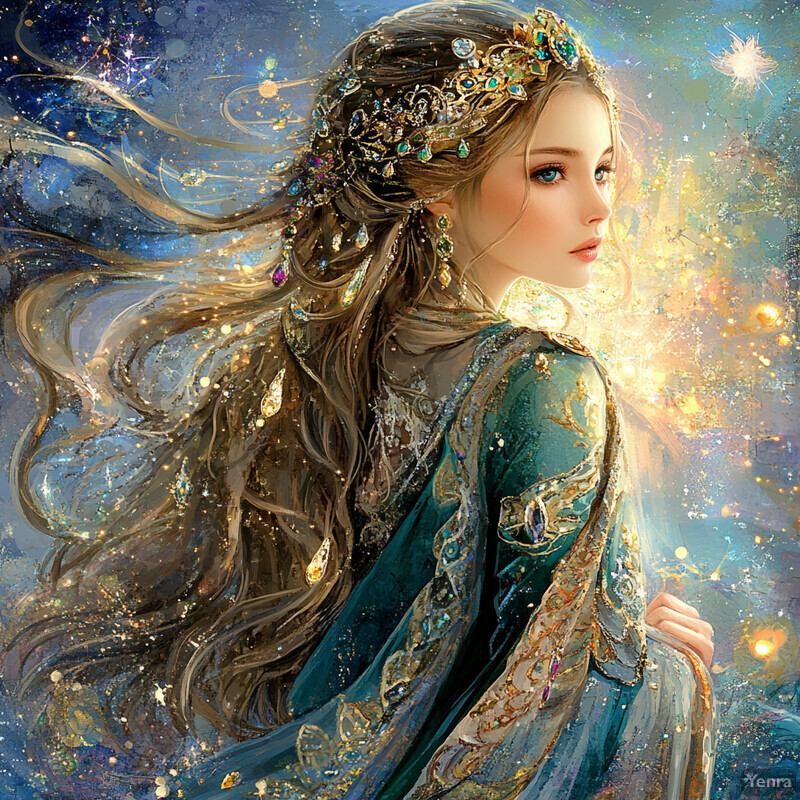 Ethereal woman with jewels on head and gold embroidery in dreamy landscape