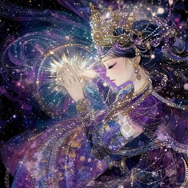 A woman in an elaborate purple and gold crown, with a flowing purple dress and matching shawl, set against a backdrop of swirling purple and blue clouds.