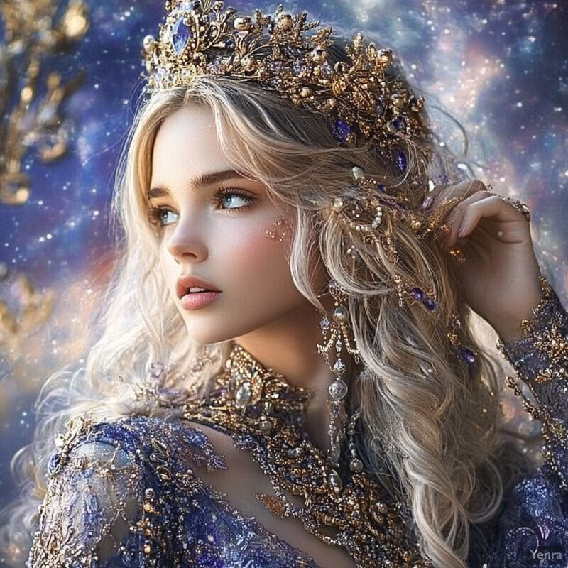 A woman with long blonde hair wears an elaborate gold and purple crown and a blue gown covered in intricate gold embroidery.