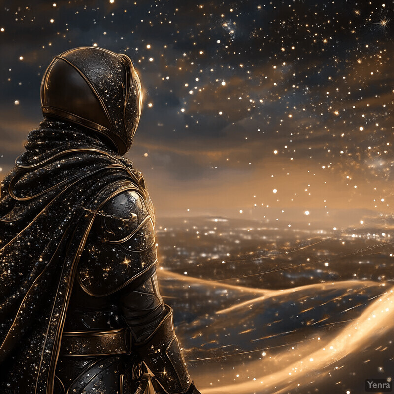 A celestial crusader stands on a distant planet or moon, gazing out at the stars.