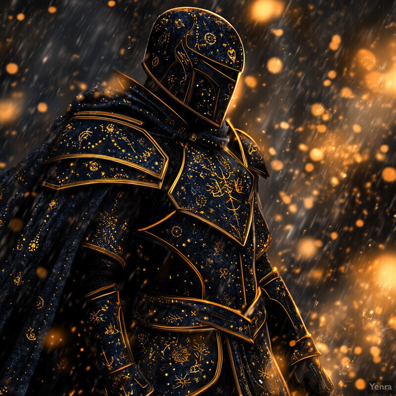 A celestial crusader clad in black armor with gold designs, set against a starry night sky.