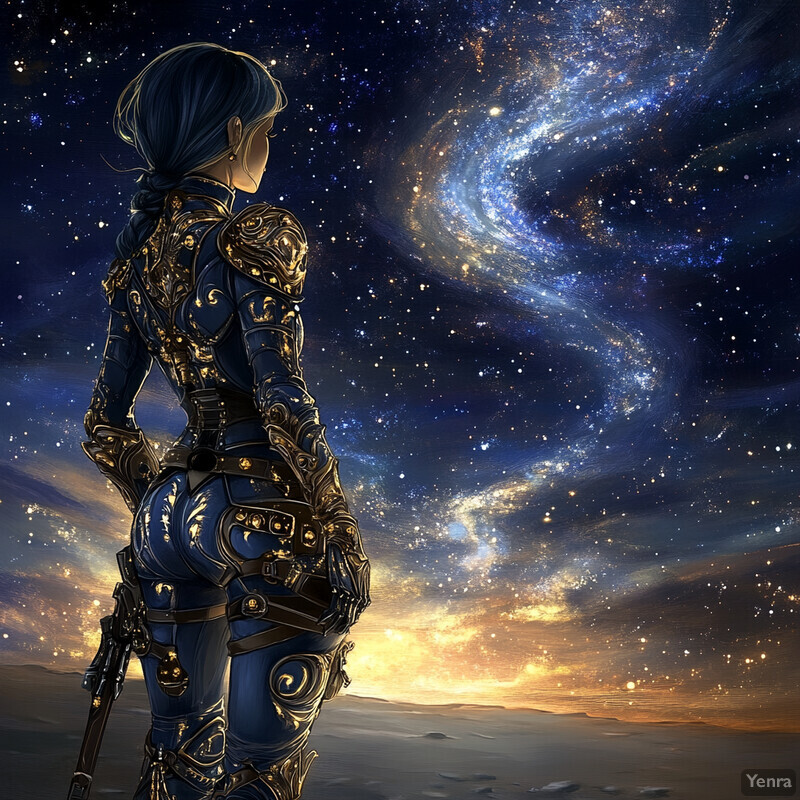 A woman in ornate armor gazes out at a celestial landscape, with a long gun by her side.