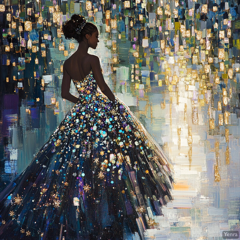 A woman in a stunning ball gown stands against a celestial backdrop, surrounded by stars, planets, and galaxies.