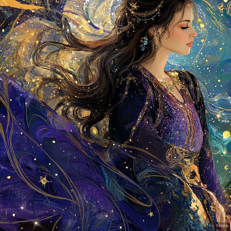 A woman with long dark hair wears purple and gold attire against a vibrant background of swirling clouds and stars.