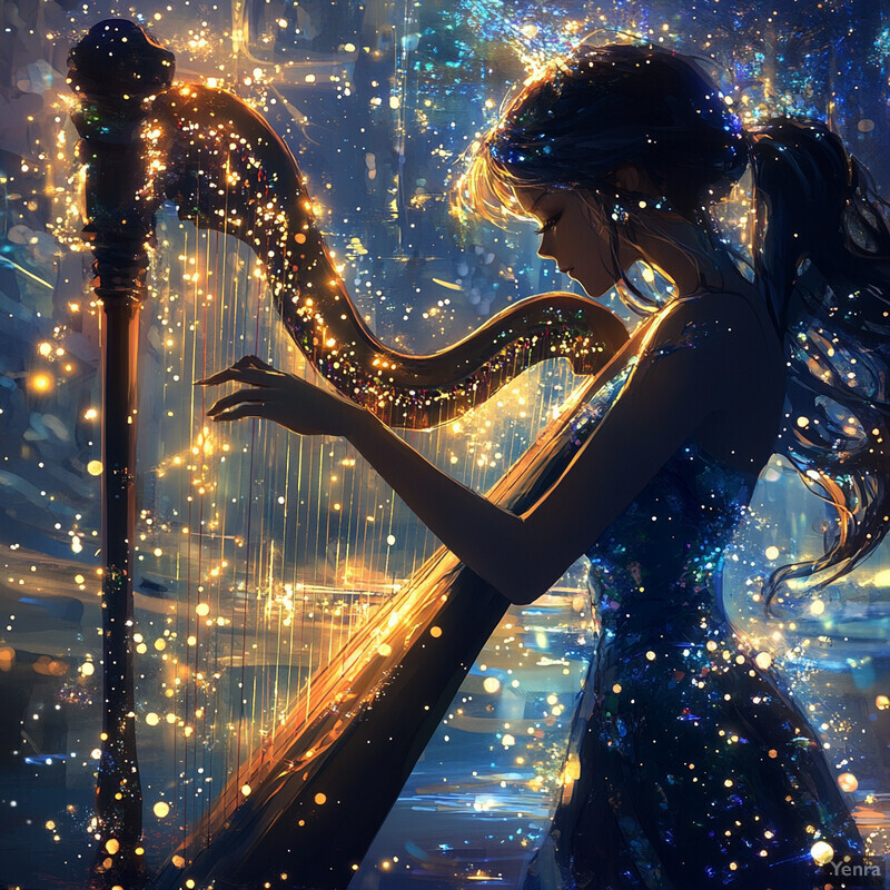 A woman playing a harp in front of a starry night sky.