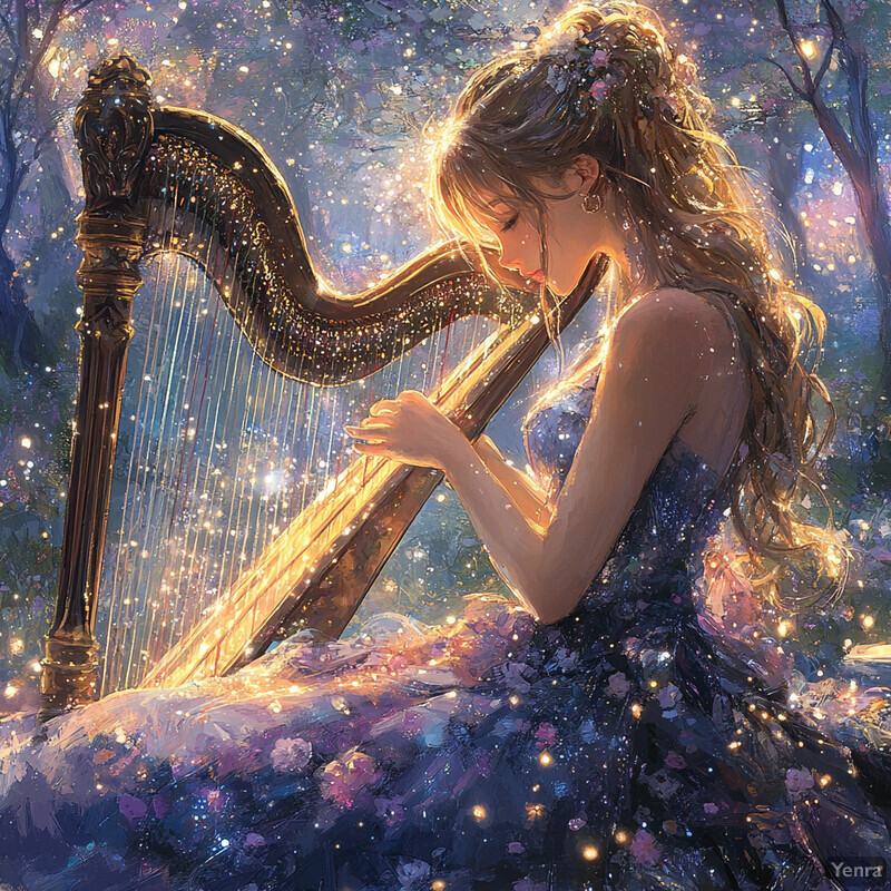 A serene and enchanting scene of a woman playing a harp in a forest clearing.