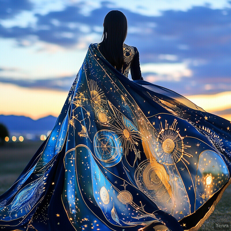 A woman stands in a field at sunset or sunrise, gazing out towards a mountain range.