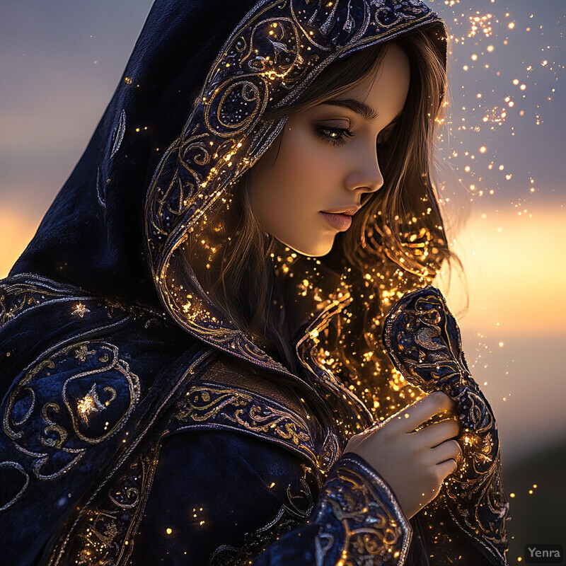 A serene portrait of a woman in a blue robe with gold embroidery, holding a glowing orb.