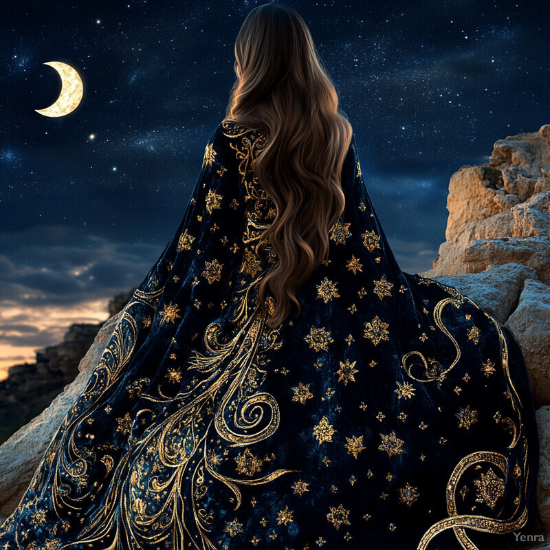 A woman in a flowing black dress sits on a rocky outcrop at night, gazing up at the starry sky.