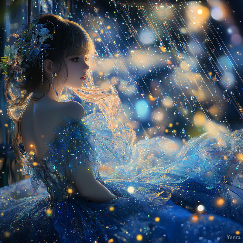 A woman in a blue dress surrounded by stardust and celestial bodies