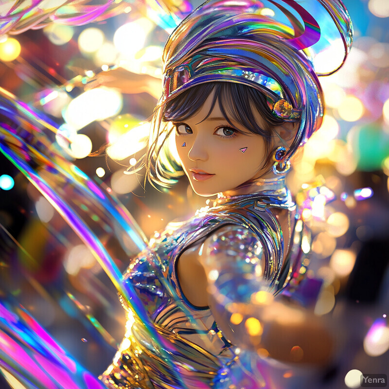 A woman with dark hair and bangs wears a shiny silver outfit adorned with iridescent accents, set against a vibrant background featuring multicolored lights and bokeh effects.