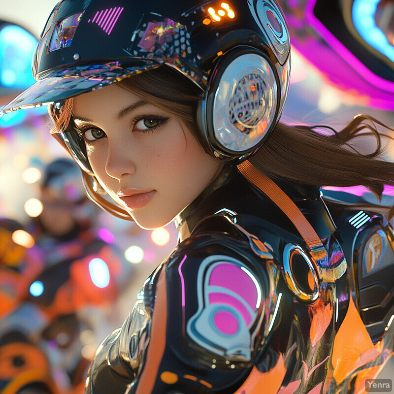 A young woman in a futuristic outfit and helmet stands in front of a vibrant background with neon lights and a crowd of people.