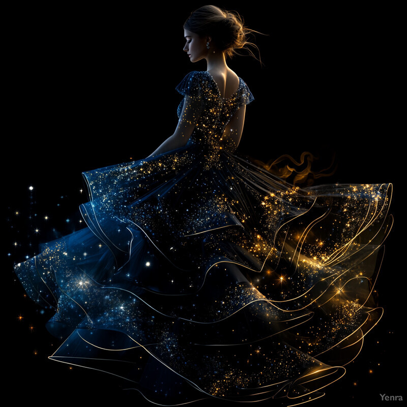 A woman in a cosmic-themed dress surrounded by stars and planets.