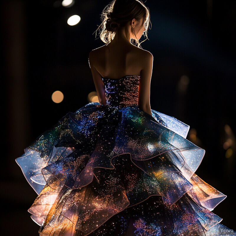 A woman in a cosmic-inspired ball gown with vibrant colors and multiple layers of fabric, set against a dark background.