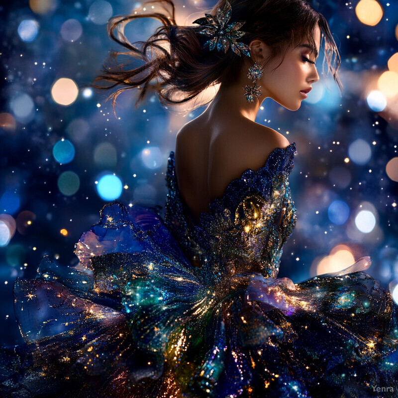 A woman in an extravagant celestial-themed dress stands against a starry night sky backdrop.