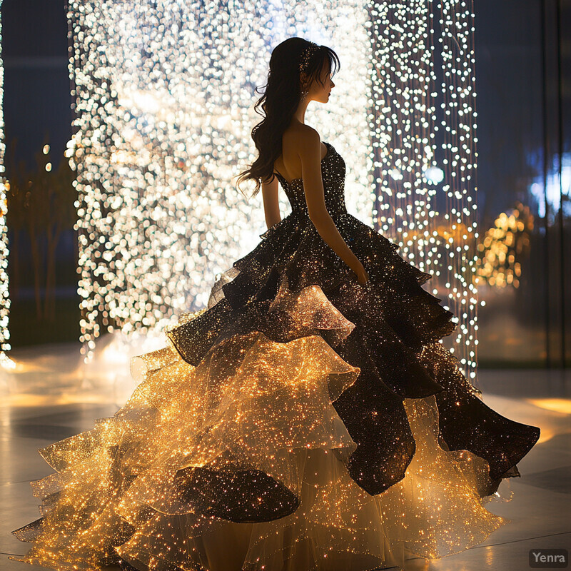 A woman in a black and gold ball gown poses confidently in front of a blurry background.