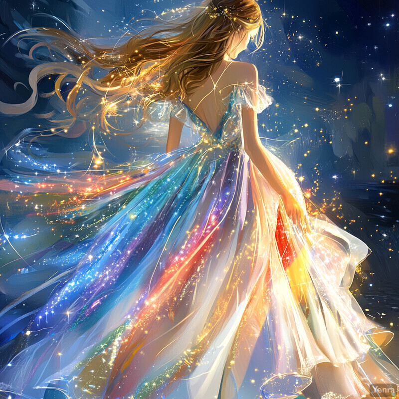 A woman in a rainbow-colored dress dancing or twirling under a starry night sky.