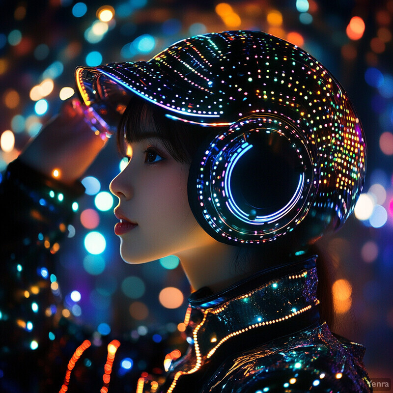 A woman in a futuristic helmet and attire, set against a blurred city street backdrop at night.