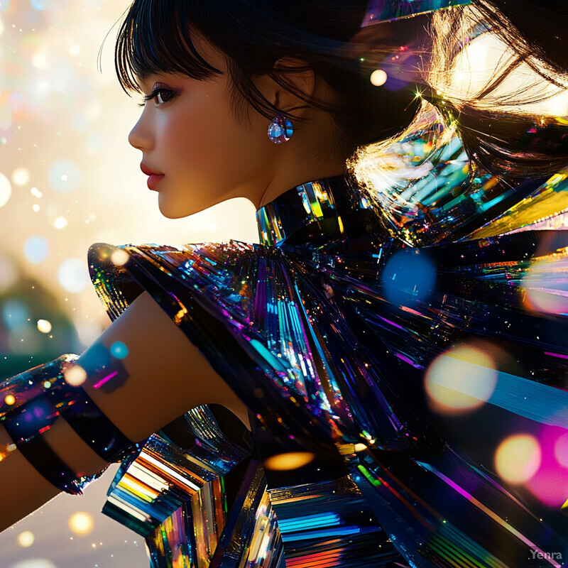 A woman with dark hair and bangs wears an iridescent dress featuring a geometric pattern of lines in various colors, posing outdoors.