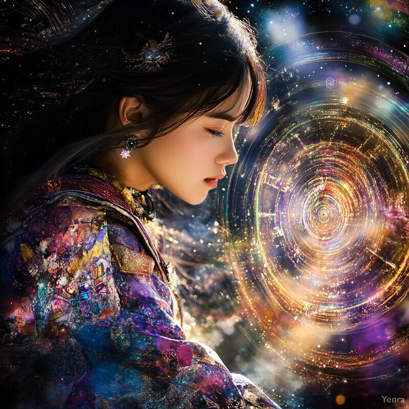 A mystical artwork featuring a woman in a vibrant robe, surrounded by celestial bodies, conveying a sense of serenity and contemplation.