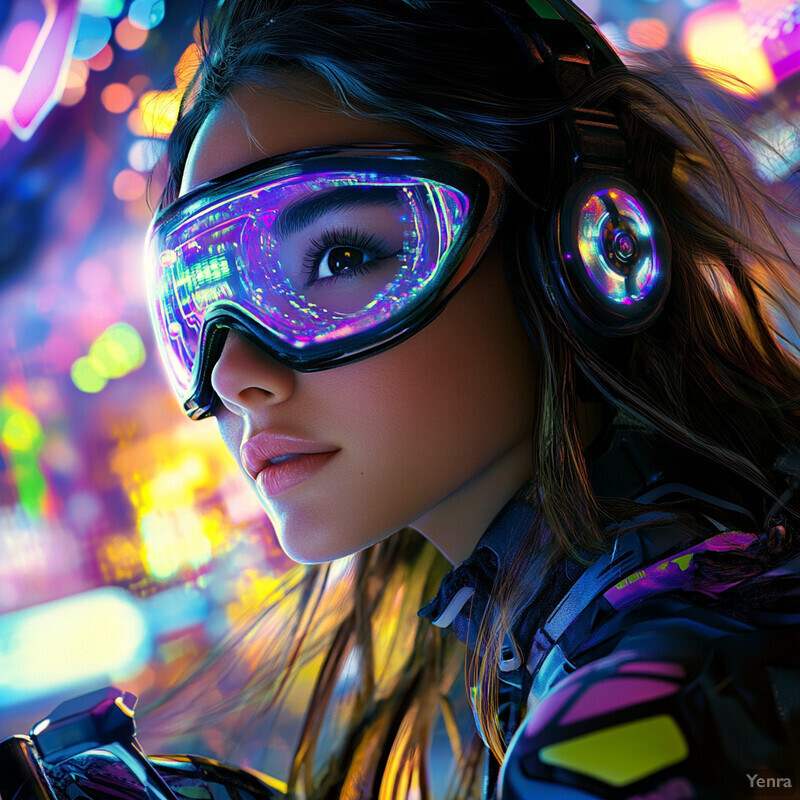 A woman in a futuristic outfit with goggles and headphones, set against a backdrop of bright city lights.