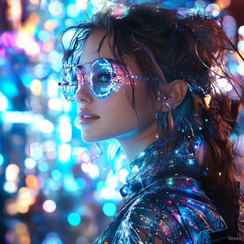 A woman with long brown hair and black dress with silver embroidery and sequins gazes to her left, wearing sunglasses and a necklace.