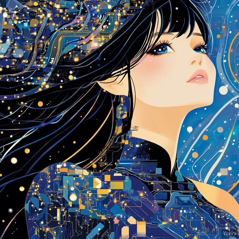 A futuristic illustration of a woman with long black hair and blue eyes, set against an abstract background of shapes and lines in shades of blue, gold, white, and black.