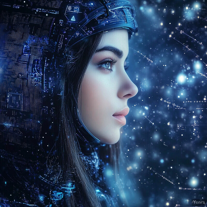 A woman in a futuristic headpiece looks off into the distance against a dark gray background with white dots.