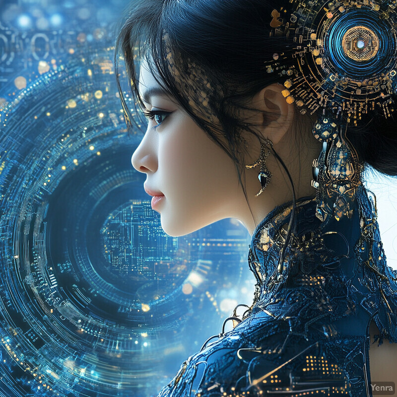 A woman gazes at an abstract graphic design, surrounded by a futuristic cityscape.