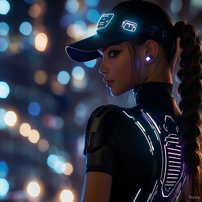 A woman with long brown hair styled in a braid, wearing a black baseball cap and shirt with reflective strips, set against a blurred nighttime city street background.