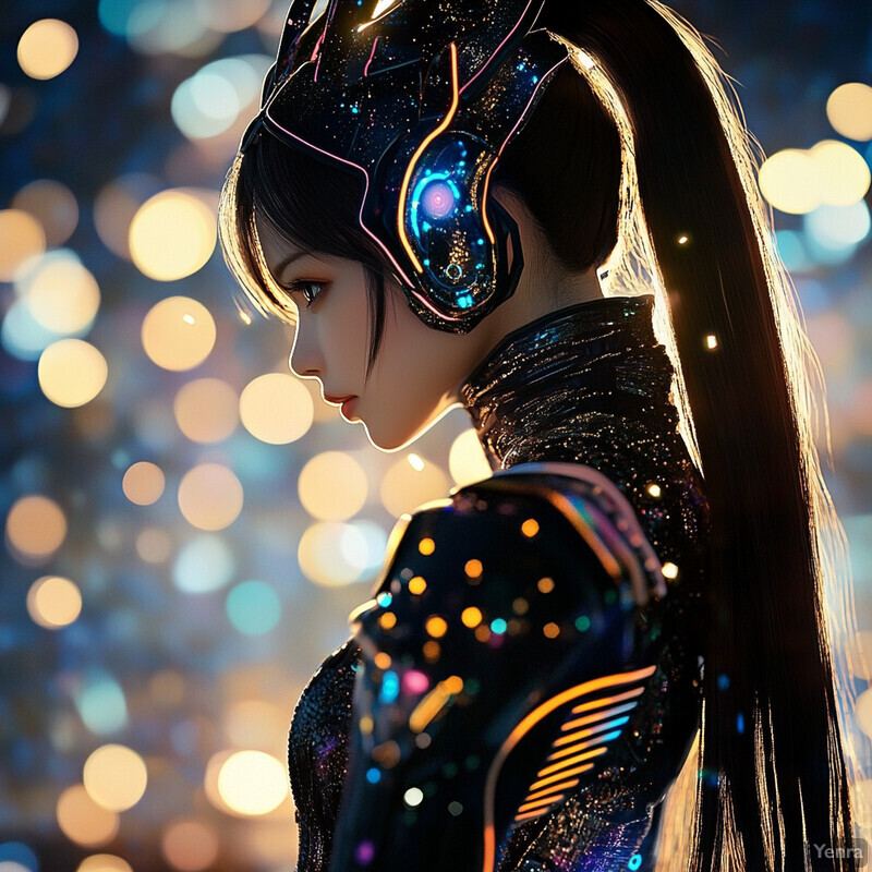 A woman in futuristic attire with colorful lights and patterns, possibly captured at night or indoors.