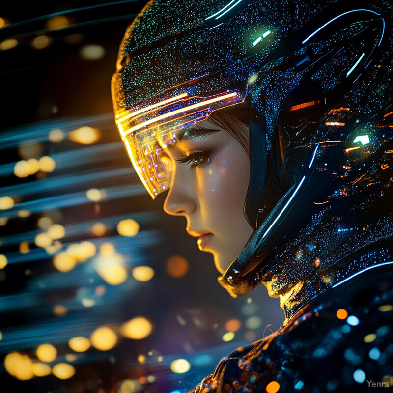 A futuristic woman in a high-tech helmet and outfit stands out against a dark urban backdrop.