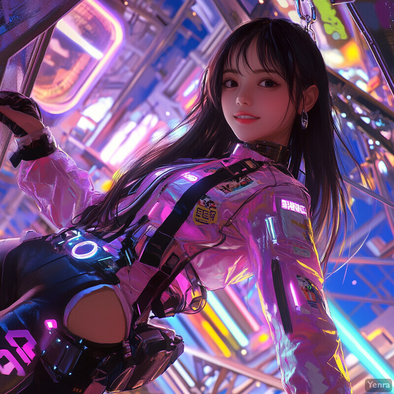 Anime-style woman in futuristic outfit gazing upwards at viewer