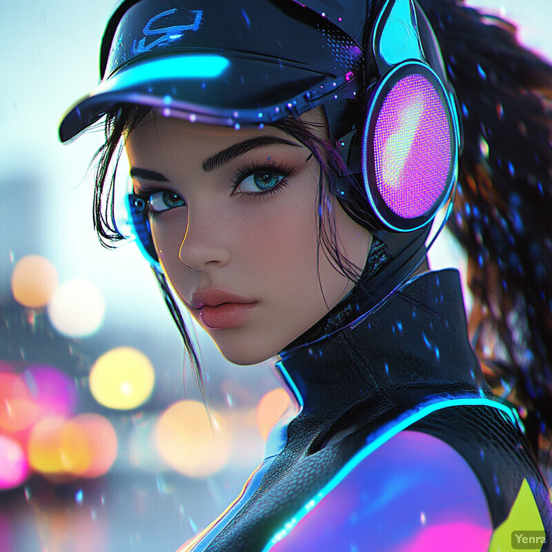 A woman with long dark hair and cyberpunk-inspired attire stands in an urban setting at dusk.