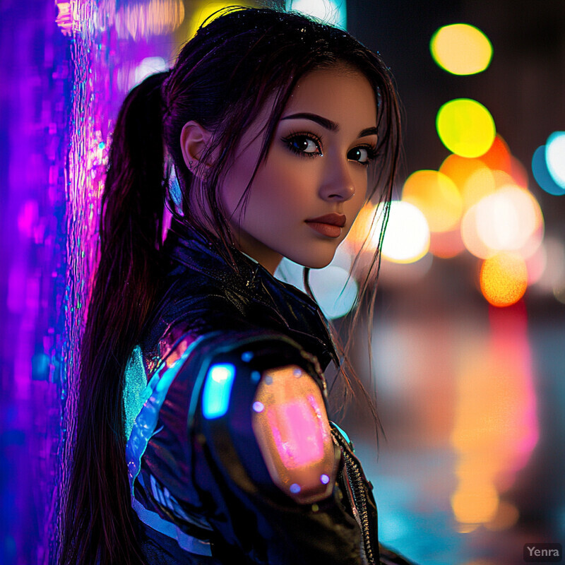 A woman with long dark hair and a black leather jacket looks over her right shoulder towards the camera, set against a city street at night illuminated by neon lights.