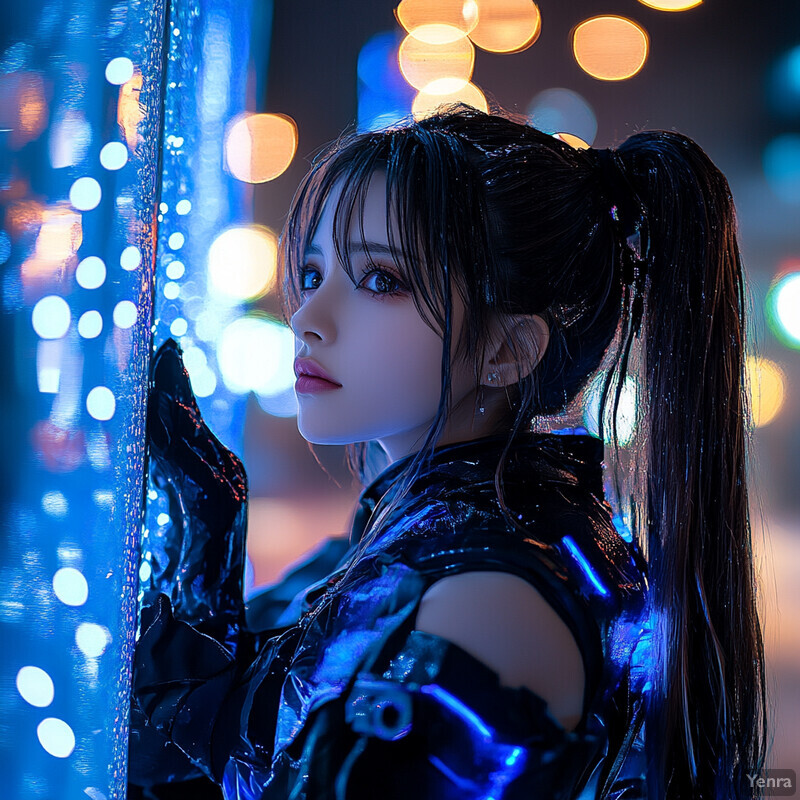 A woman with long dark hair and futuristic attire stands in front of a blurred urban background.