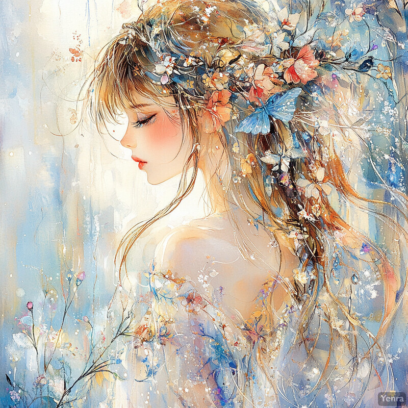 A serene and dreamy scene of a woman surrounded by flowers.