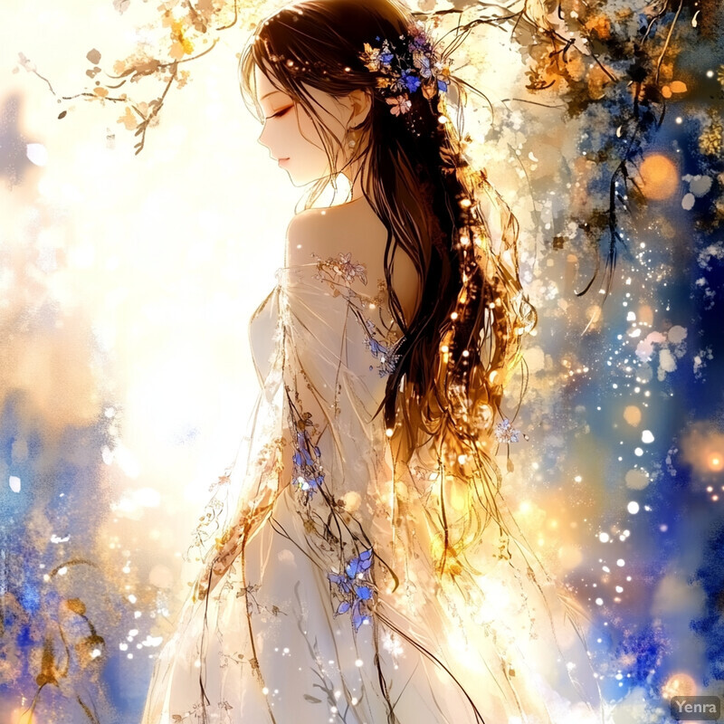 A serene and ethereal scene of a woman with long brown hair adorned with flowers in her braid, dressed in a flowing white gown with intricate floral patterns.