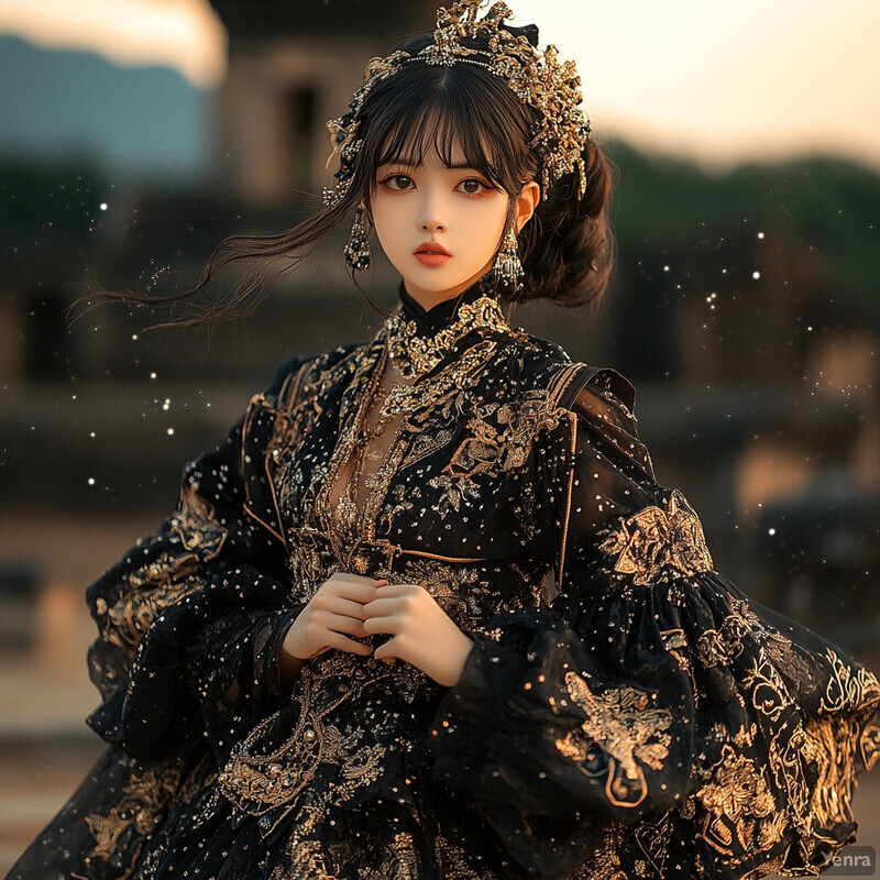 An Asian woman in a stunning black and gold gown, posing elegantly outdoors