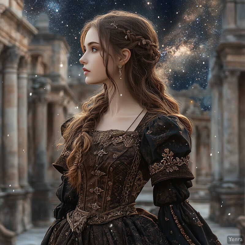 A young woman with long brown hair and fair skin, wearing an ornate dress and jewelry, stands in front of a grand building or palace.