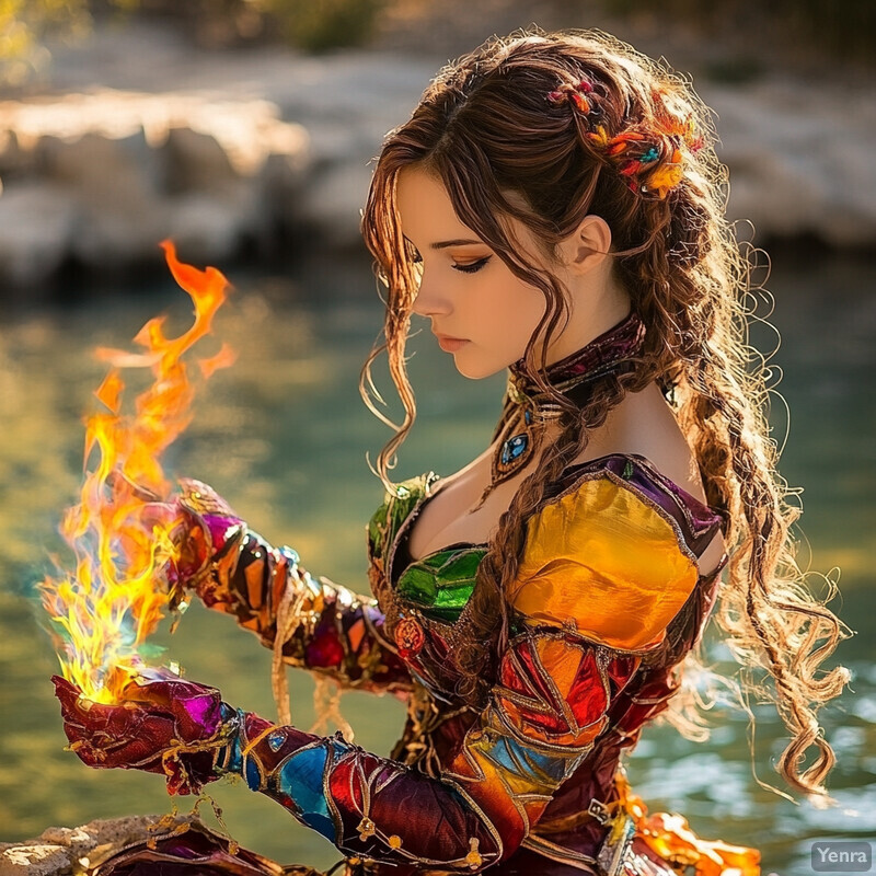 A woman with long brown hair and a colorful outfit gazes down at her hands, which are surrounded by flame-like objects.