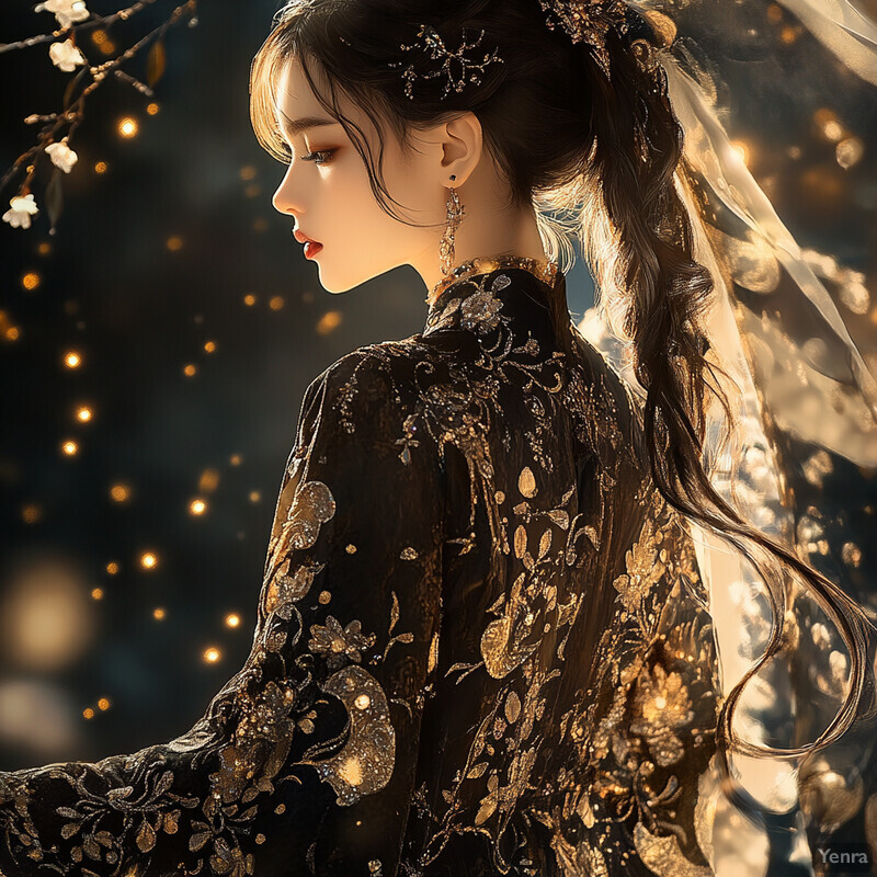 A woman with long hair styled in a ponytail, adorned with flowers and wearing a black dress featuring gold floral patterns, set against a blurred outdoor or garden background.