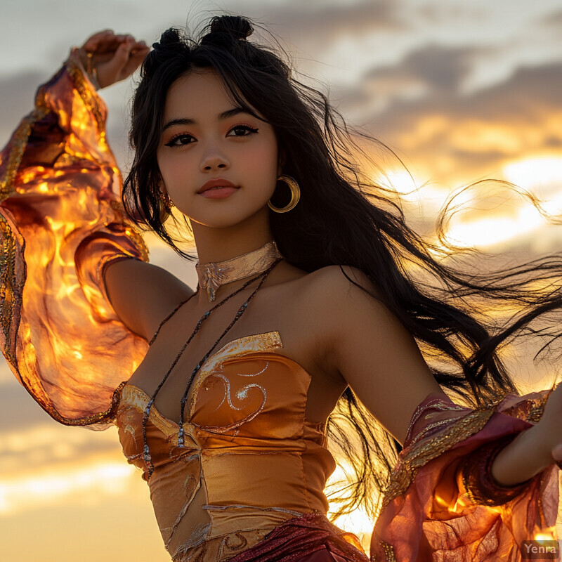 A woman in a golden and red costume poses against a cloudy sunset backdrop