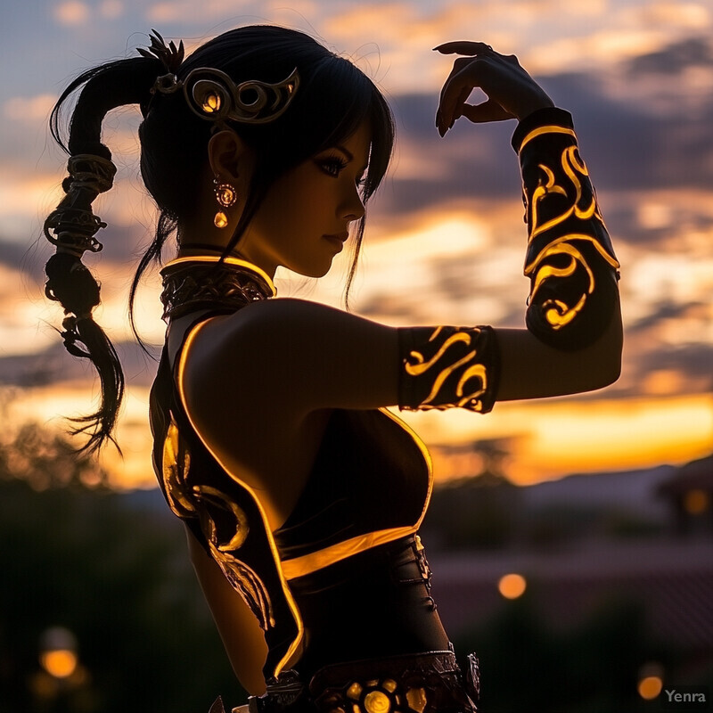 A woman in an ornate outfit poses against a blurred outdoor landscape.