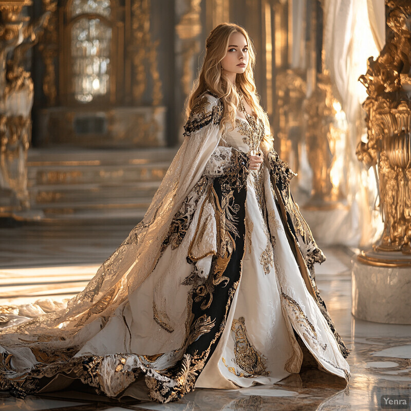 A woman in an elaborate gown stands in a grand hall