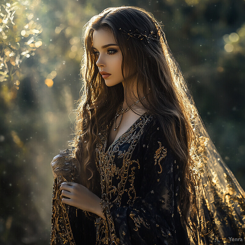 A young woman in an intricately designed black dress with gold embroidery, exuding elegance and sophistication.