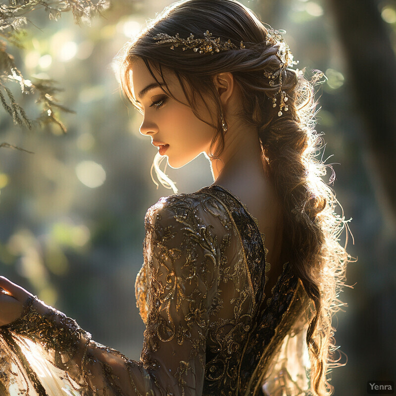 A woman with long dark hair and flowers in her braid, wearing a white dress with a high neckline and dangling earrings, set against a peaceful landscape of rolling hills, trees, and a clear blue sky.