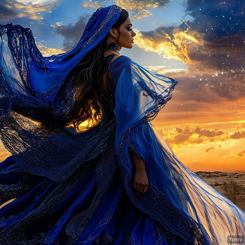 A woman in a blue dress stands before a sunset backdrop, with mountains visible in the distance.