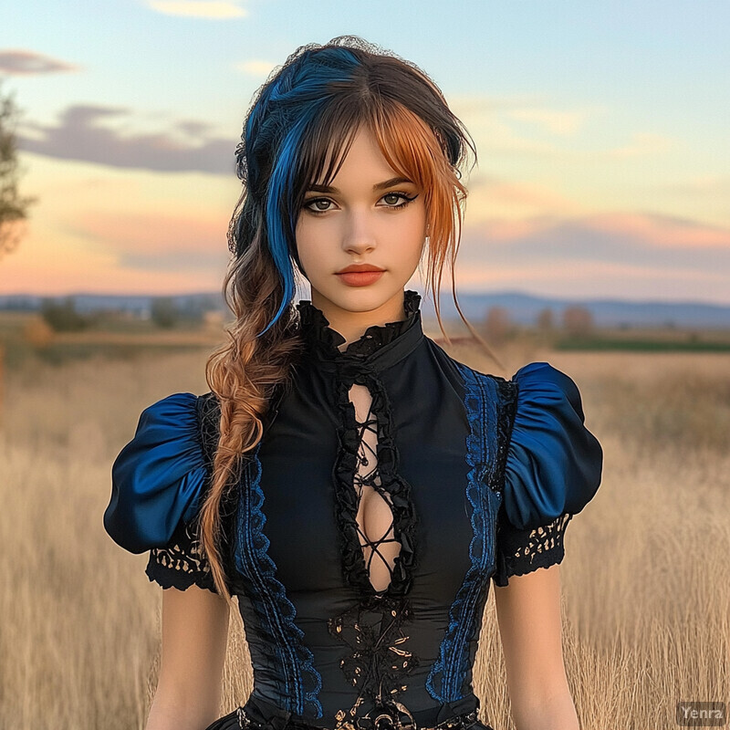 A young woman in a Victorian-style dress stands in a field or meadow, exuding a sense of nostalgia and melancholy.