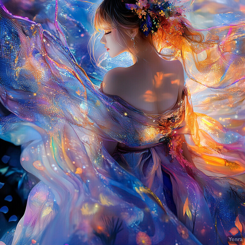 A serene and enchanting scene of a woman surrounded by an ethereal glow.